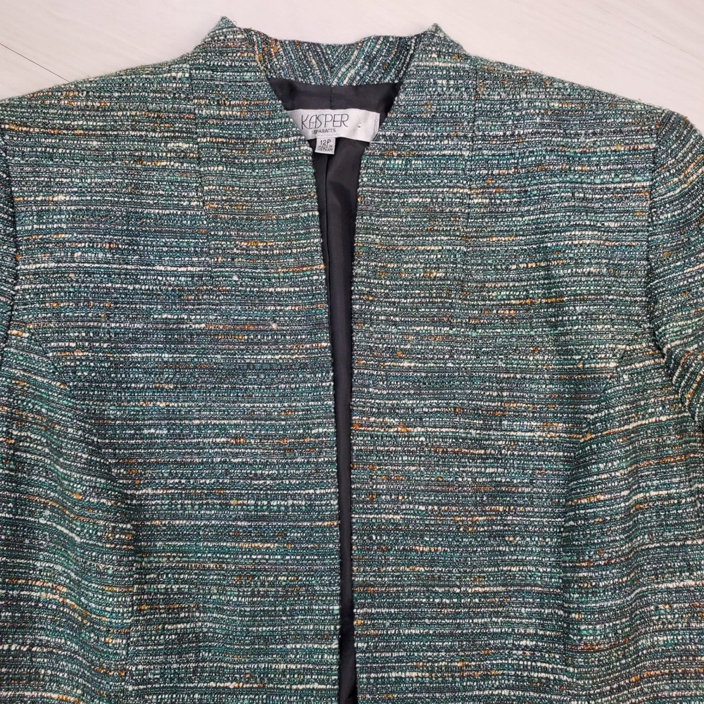 Kasper Separates Womens 12P Teal Green Tweed Open Front Collarless Blazer Jacket